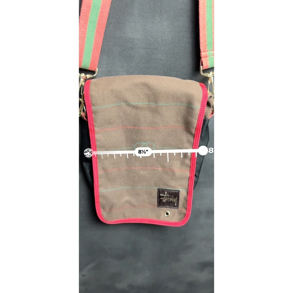 Stussy Canvas Shoulder Bag Brown Red Green Stripe Crossbody Streetwear Vintage - Picture 10 of 10